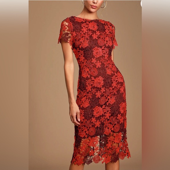 Lulus Dresses & Skirts - Lulus Elegant red / burgundy crochet Lace overlay Floral Dress sz XL